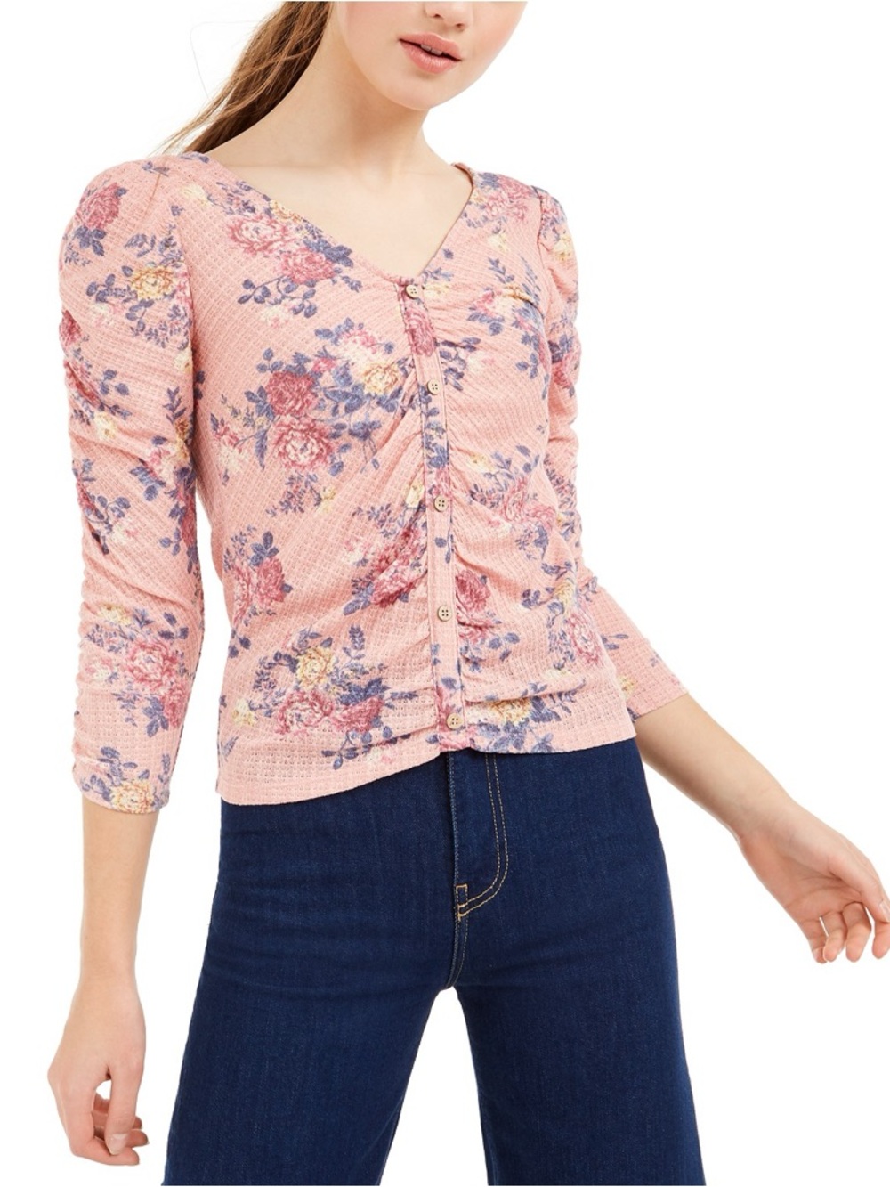 Crave Fame Pink Floral Button-Front Puff Sleeve Top